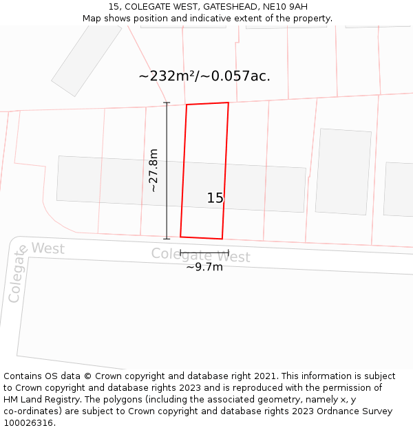 15, COLEGATE WEST, GATESHEAD, NE10 9AH: Plot and title map