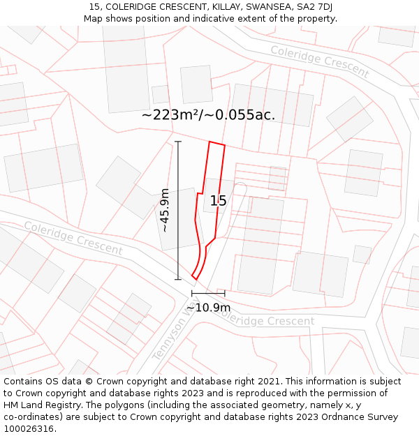 15, COLERIDGE CRESCENT, KILLAY, SWANSEA, SA2 7DJ: Plot and title map