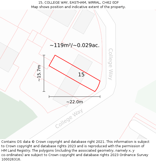 15, COLLEGE WAY, EASTHAM, WIRRAL, CH62 0DF: Plot and title map