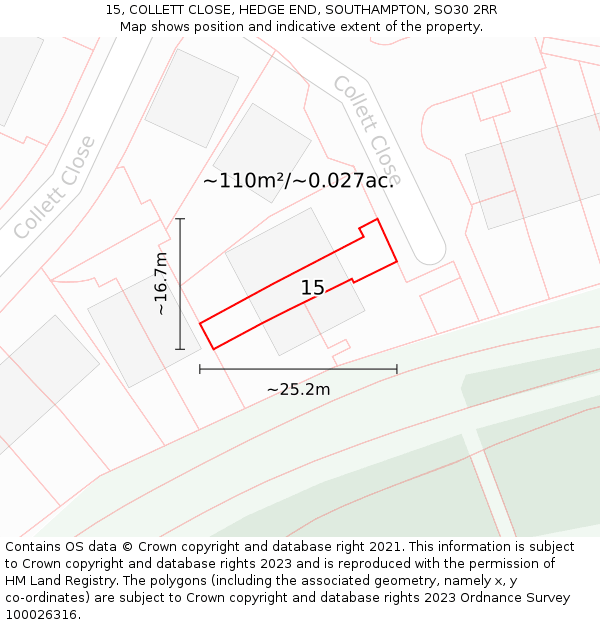 15, COLLETT CLOSE, HEDGE END, SOUTHAMPTON, SO30 2RR: Plot and title map