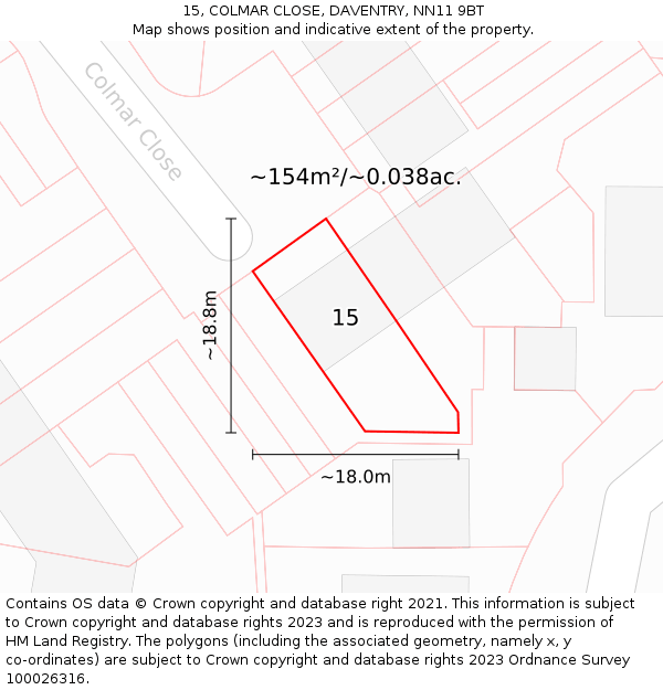 15, COLMAR CLOSE, DAVENTRY, NN11 9BT: Plot and title map