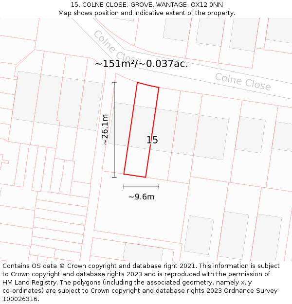 15, COLNE CLOSE, GROVE, WANTAGE, OX12 0NN: Plot and title map