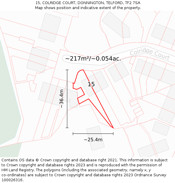 15, COLRIDGE COURT, DONNINGTON, TELFORD, TF2 7SA: Plot and title map