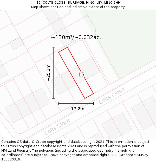 15, COLTS CLOSE, BURBAGE, HINCKLEY, LE10 2HH: Plot and title map