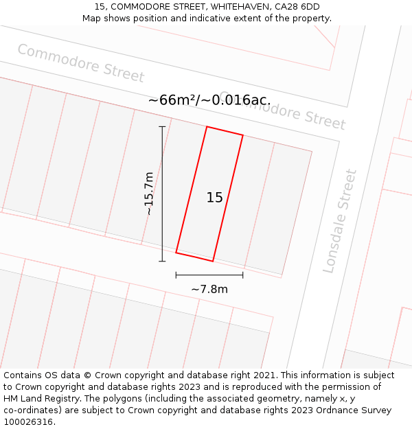 15, COMMODORE STREET, WHITEHAVEN, CA28 6DD: Plot and title map