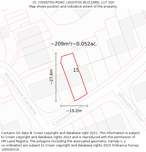 15, CONISTON ROAD, LEIGHTON BUZZARD, LU7 2QY: Plot and title map