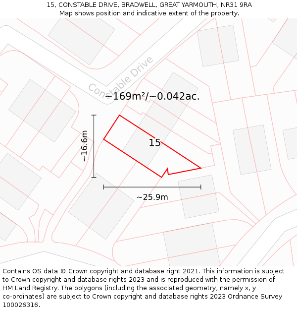 15, CONSTABLE DRIVE, BRADWELL, GREAT YARMOUTH, NR31 9RA: Plot and title map