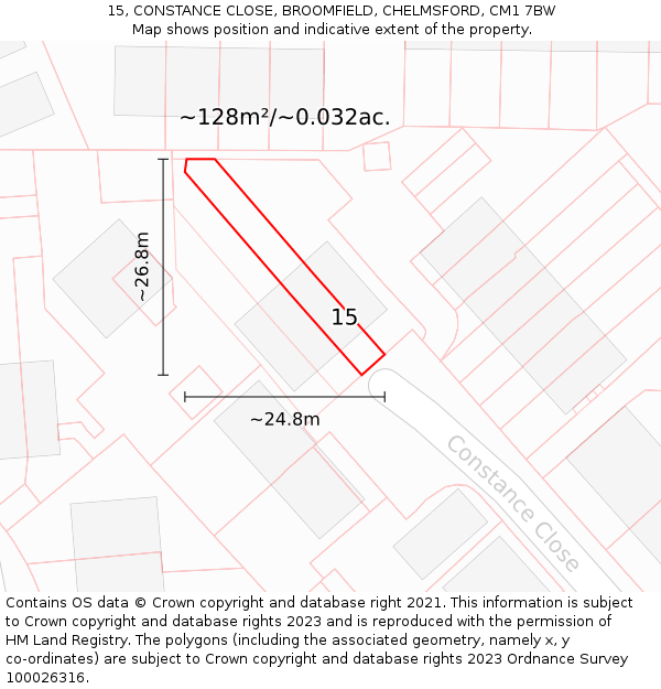 15, CONSTANCE CLOSE, BROOMFIELD, CHELMSFORD, CM1 7BW: Plot and title map