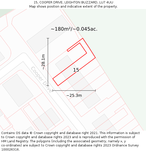 15, COOPER DRIVE, LEIGHTON BUZZARD, LU7 4UU: Plot and title map