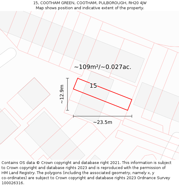 15, COOTHAM GREEN, COOTHAM, PULBOROUGH, RH20 4JW: Plot and title map