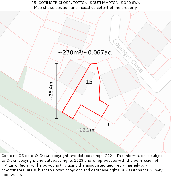 15, COPINGER CLOSE, TOTTON, SOUTHAMPTON, SO40 8WN: Plot and title map