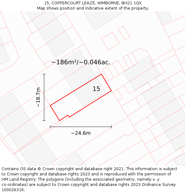 15, COPPERCOURT LEAZE, WIMBORNE, BH21 1QX: Plot and title map