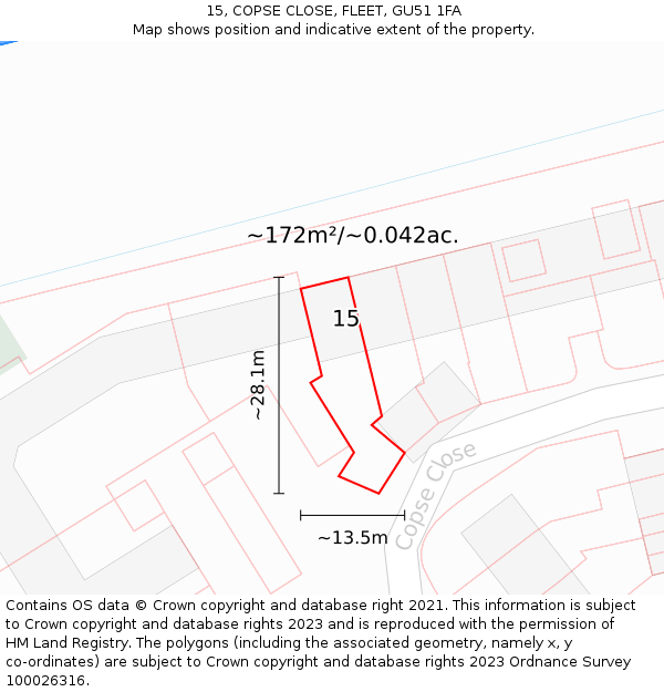 15, COPSE CLOSE, FLEET, GU51 1FA: Plot and title map
