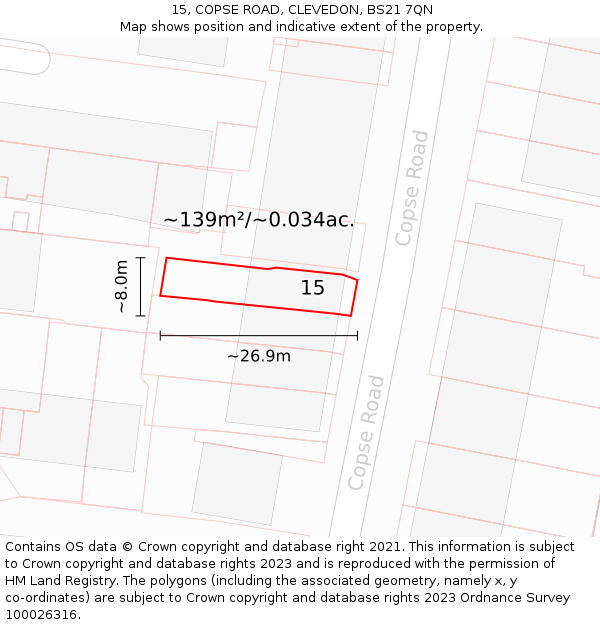 15, COPSE ROAD, CLEVEDON, BS21 7QN: Plot and title map