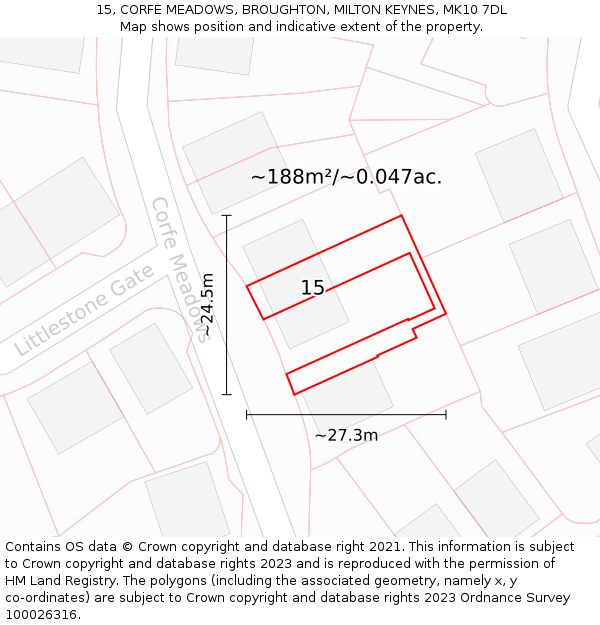 15, CORFE MEADOWS, BROUGHTON, MILTON KEYNES, MK10 7DL: Plot and title map