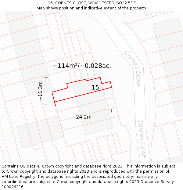 15, CORNES CLOSE, WINCHESTER, SO22 5DS: Plot and title map