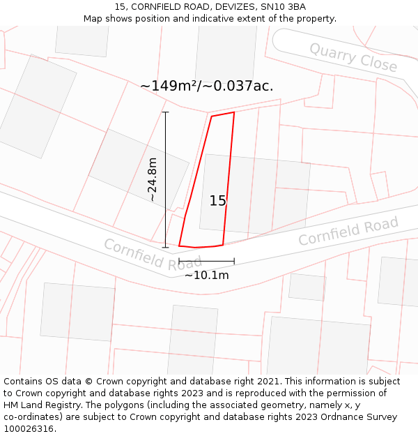 15, CORNFIELD ROAD, DEVIZES, SN10 3BA: Plot and title map