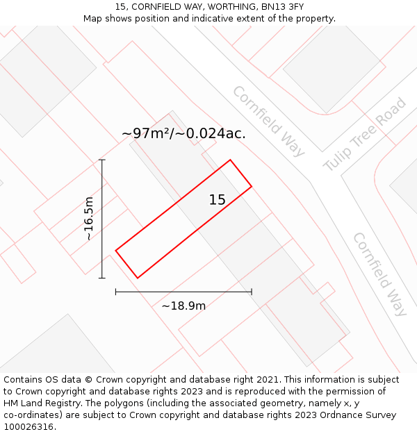 15, CORNFIELD WAY, WORTHING, BN13 3FY: Plot and title map