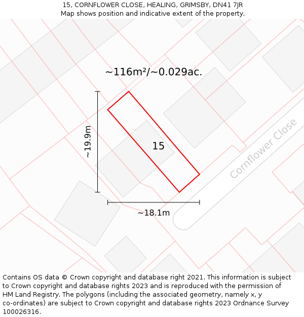 15, CORNFLOWER CLOSE, HEALING, GRIMSBY, DN41 7JR: Plot and title map
