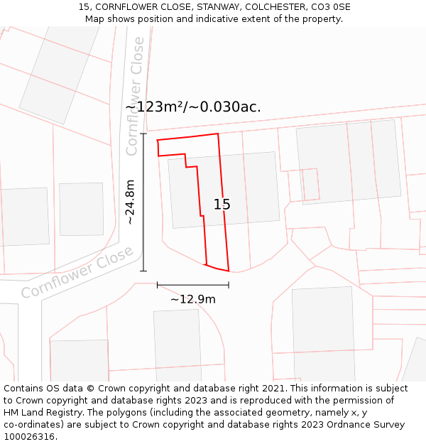 15, CORNFLOWER CLOSE, STANWAY, COLCHESTER, CO3 0SE: Plot and title map