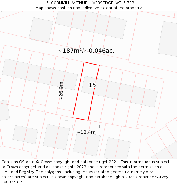 15, CORNMILL AVENUE, LIVERSEDGE, WF15 7EB: Plot and title map