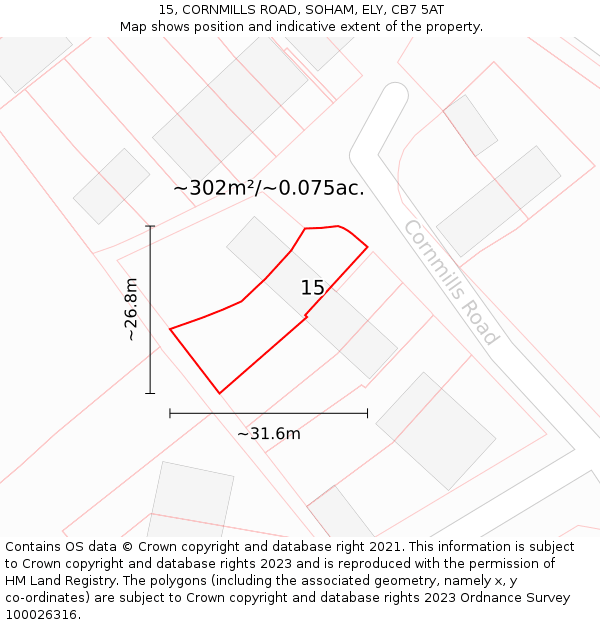 15, CORNMILLS ROAD, SOHAM, ELY, CB7 5AT: Plot and title map