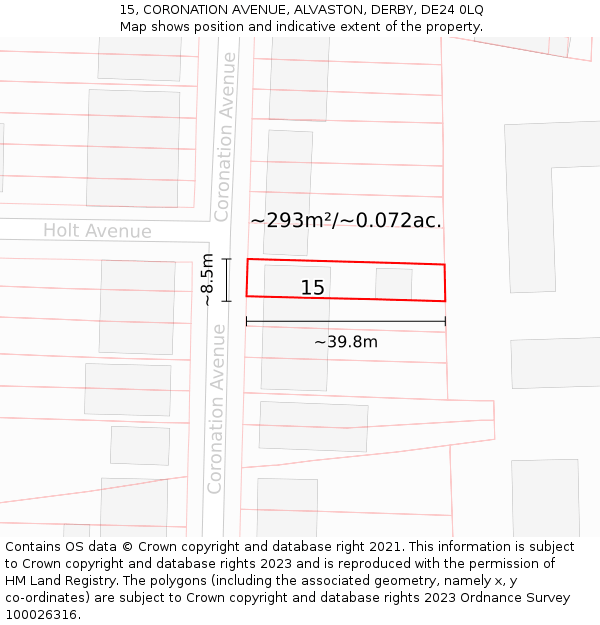 15, CORONATION AVENUE, ALVASTON, DERBY, DE24 0LQ: Plot and title map