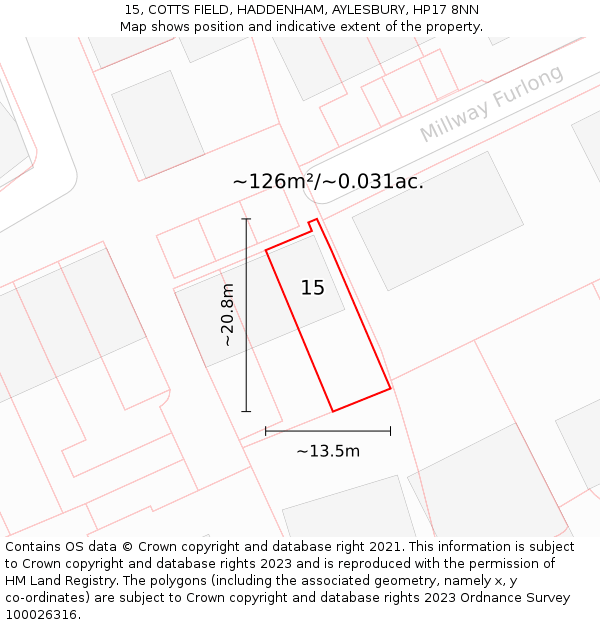 15, COTTS FIELD, HADDENHAM, AYLESBURY, HP17 8NN: Plot and title map