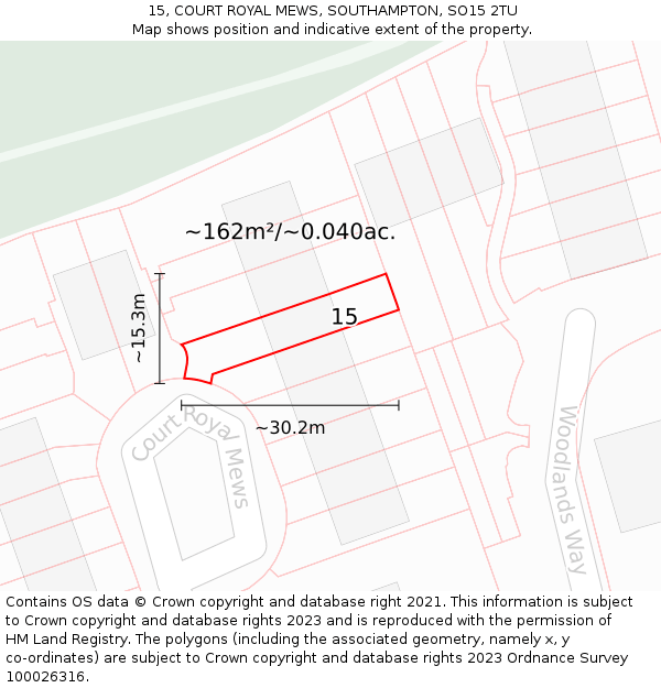 15, COURT ROYAL MEWS, SOUTHAMPTON, SO15 2TU: Plot and title map