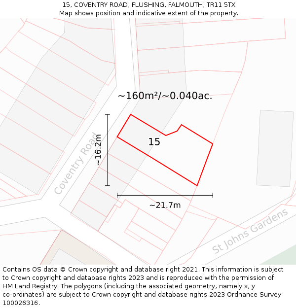 15, COVENTRY ROAD, FLUSHING, FALMOUTH, TR11 5TX: Plot and title map