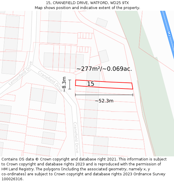 15, CRANEFIELD DRIVE, WATFORD, WD25 9TX: Plot and title map