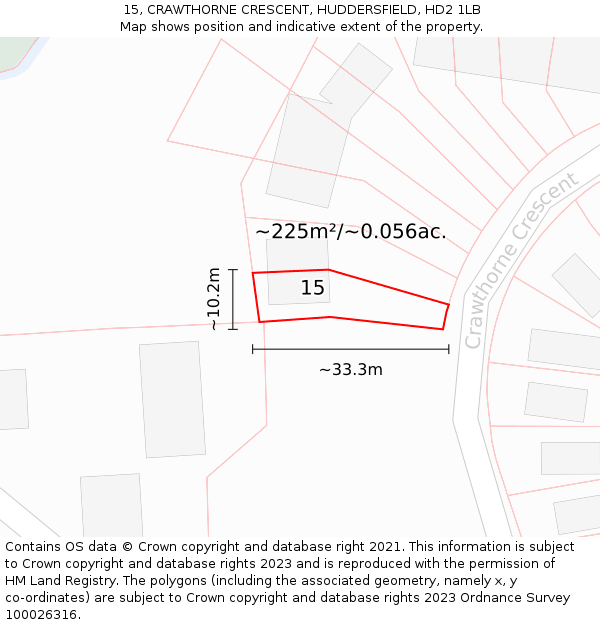 15, CRAWTHORNE CRESCENT, HUDDERSFIELD, HD2 1LB: Plot and title map