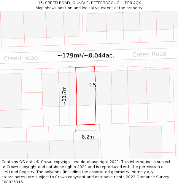 15, CREED ROAD, OUNDLE, PETERBOROUGH, PE8 4QX: Plot and title map