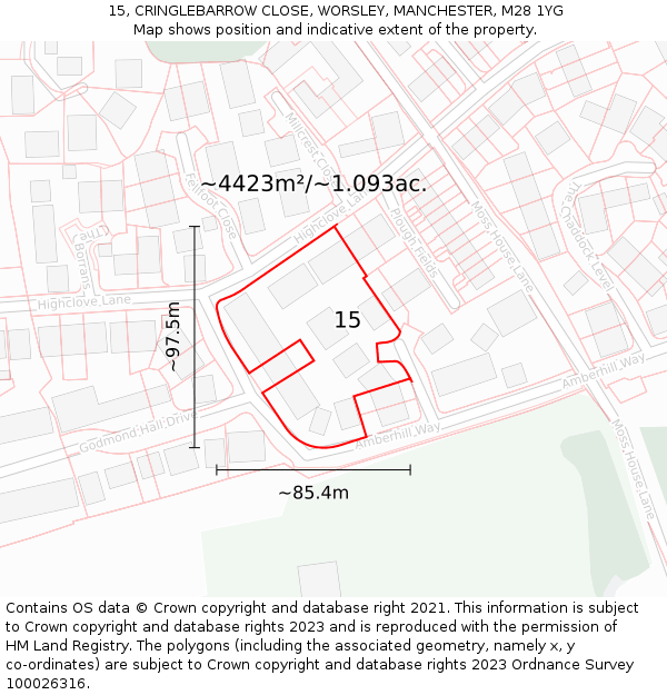 15, CRINGLEBARROW CLOSE, WORSLEY, MANCHESTER, M28 1YG: Plot and title map