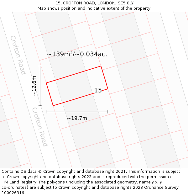 15, CROFTON ROAD, LONDON, SE5 8LY: Plot and title map