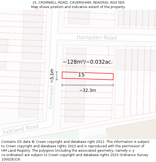 15, CROMWELL ROAD, CAVERSHAM, READING, RG4 5EA: Plot and title map