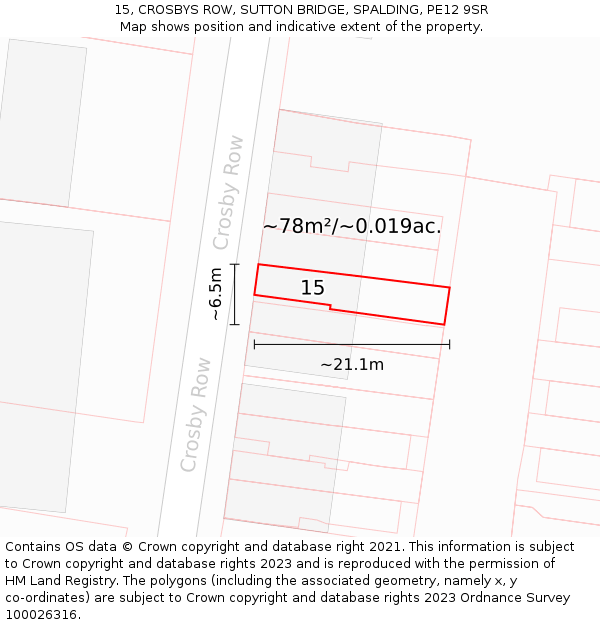 15, CROSBYS ROW, SUTTON BRIDGE, SPALDING, PE12 9SR: Plot and title map