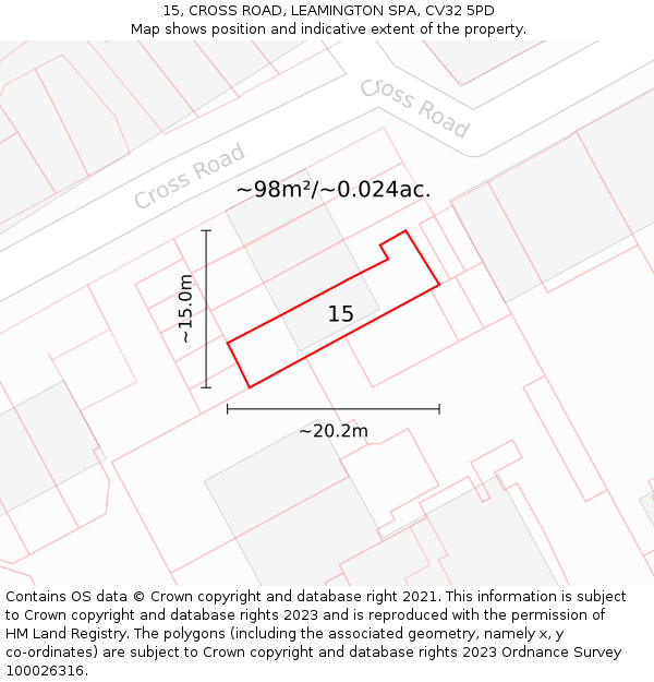 15, CROSS ROAD, LEAMINGTON SPA, CV32 5PD: Plot and title map