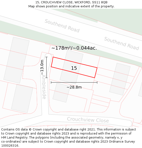 15, CROUCHVIEW CLOSE, WICKFORD, SS11 8QB: Plot and title map