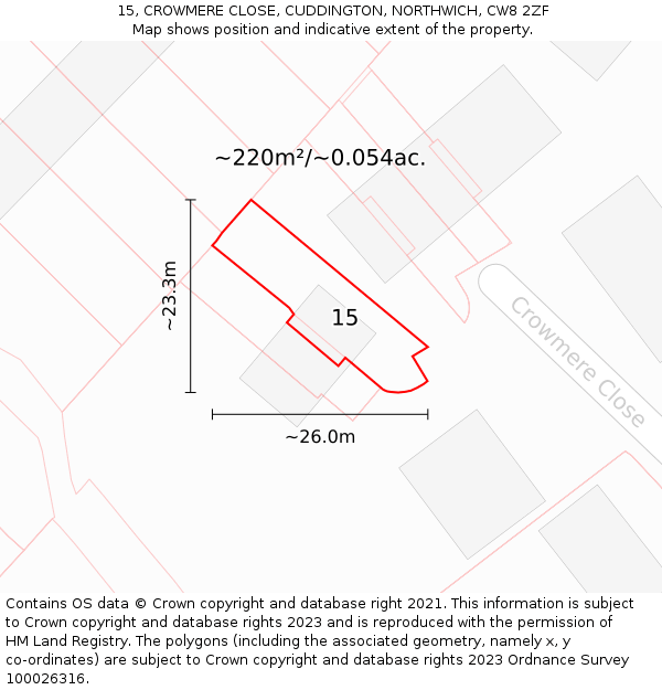 15, CROWMERE CLOSE, CUDDINGTON, NORTHWICH, CW8 2ZF: Plot and title map