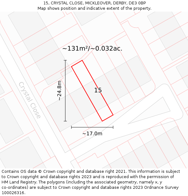 15, CRYSTAL CLOSE, MICKLEOVER, DERBY, DE3 0BP: Plot and title map