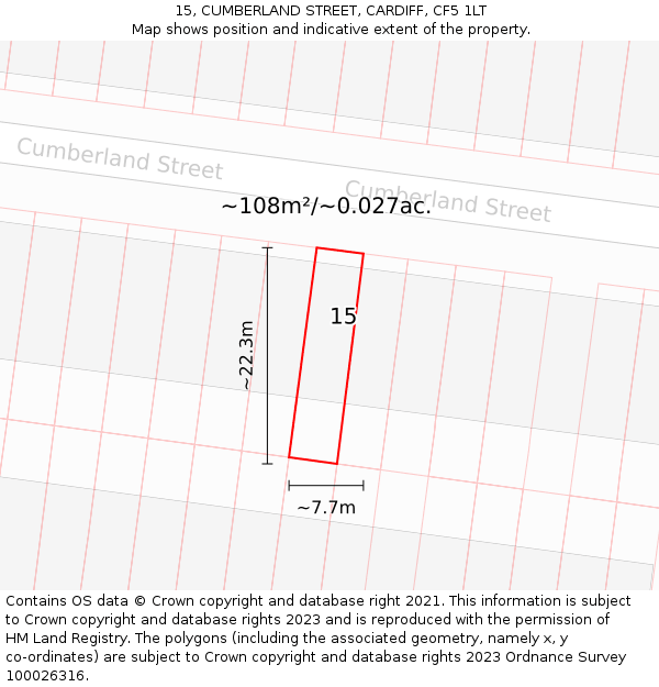 15, CUMBERLAND STREET, CARDIFF, CF5 1LT: Plot and title map