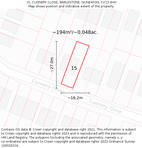 15, CUNNERY CLOSE, BARLESTONE, NUNEATON, CV13 0HH: Plot and title map