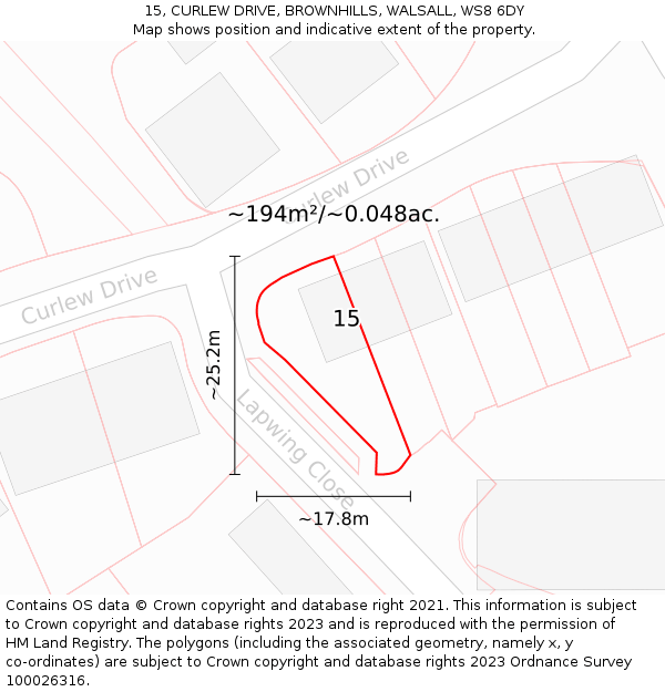 15, CURLEW DRIVE, BROWNHILLS, WALSALL, WS8 6DY: Plot and title map