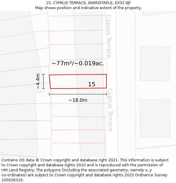 15, CYPRUS TERRACE, BARNSTAPLE, EX32 9JF: Plot and title map