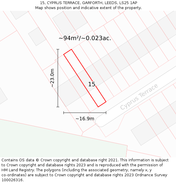 15, CYPRUS TERRACE, GARFORTH, LEEDS, LS25 1AP: Plot and title map
