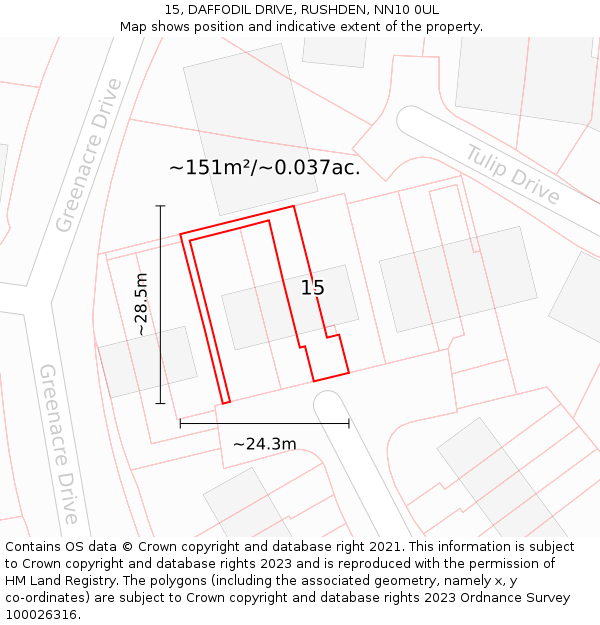 15, DAFFODIL DRIVE, RUSHDEN, NN10 0UL: Plot and title map