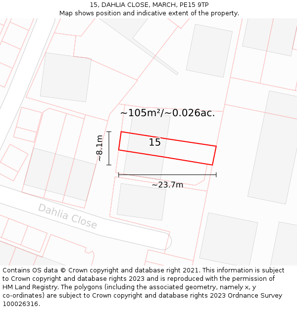 15, DAHLIA CLOSE, MARCH, PE15 9TP: Plot and title map