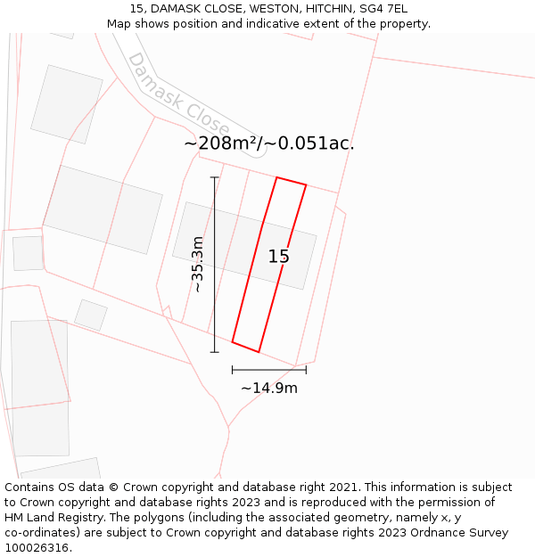 15, DAMASK CLOSE, WESTON, HITCHIN, SG4 7EL: Plot and title map