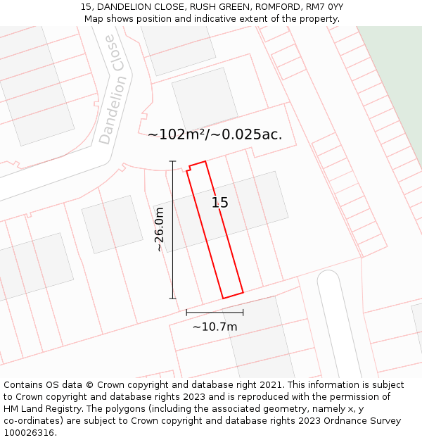 15, DANDELION CLOSE, RUSH GREEN, ROMFORD, RM7 0YY: Plot and title map